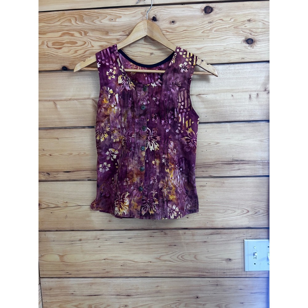 Boho Batik Pintuck Button Tank Top Plum Festival Artisan Sleeveless XS Vintage‎